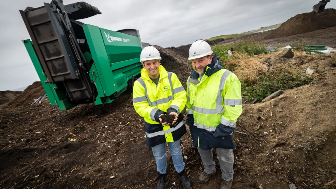 Waste minimisation and sustainability officer Douglas Button, left, and States senior technical adviser Rob Roussel at Guernsey Waste’s new windrow composting site at Mont Cuet.