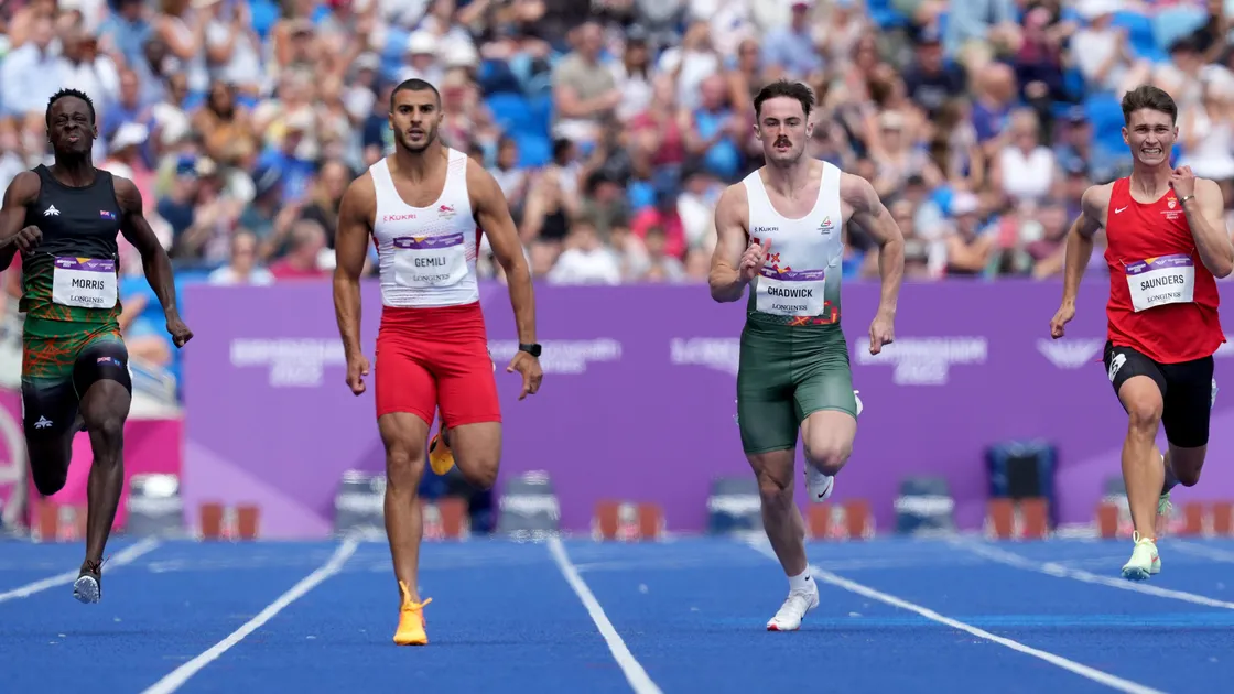 Chadwick competing alongside Adam Gemili of England, Montserrat’s Julius Morris and Jersey’s Zachary Saunders in the men’s 200m of the Birmingham 2022 Commonwealth Games.