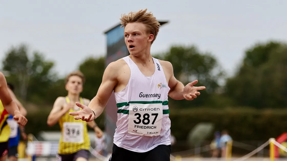 Emil Friedrich crosses the line to retain his U16 boys’ 800m title.