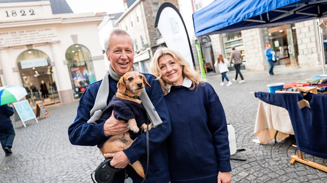 Chris and Gabby Betley with their dog Eric on Wear a Guernsey Day