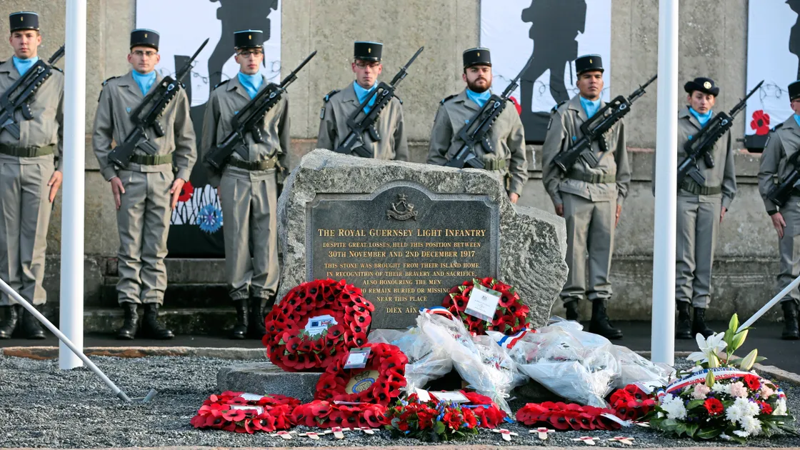 The memorial at Masnieres to the men of the Royal Guernsey Light Infantry was unveiled in a ceremony attended by both French and Bailiwick representatives yesterday.                         (Picture by Peter Frankland, 20042001)
