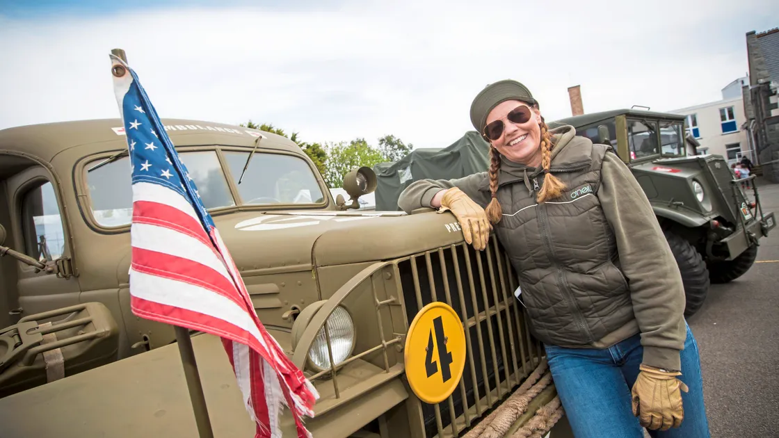 Suzie Fallaize with the 1944 Dodge ambulance she and her husband bought 10 years ago and which will be in today’s cavalcade, although she will be riding a Harley-Davidson motorcycle. (Picture by Peter Frankland, 24612211)