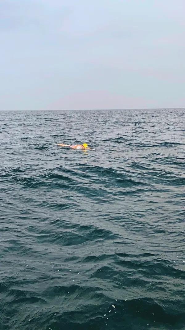 Adrian Sarchet mid-channel on Monday as he attempted to become the first person to swim solo from Guernsey to France. Image supplied by Mandy Macelworth.  (28569962)