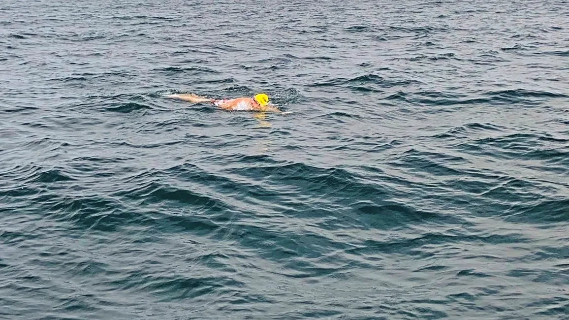 Adrian Sarchet mid-channel on Monday as he attempted to become the first person to swim solo from Guernsey to France. Image supplied by Mandy Macelworth.  (28569962)