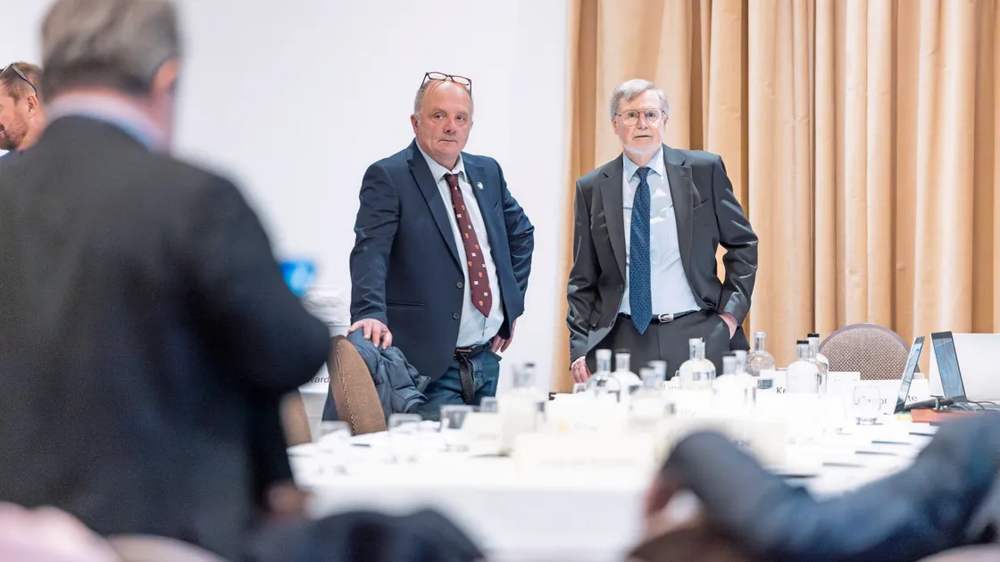 Yesterday was the first day of the Island Development Plan hearing at the St Pierre Park Hotel. DPA president Neil Inder, left, and independent planning inspector Keith Holland are pictured.							 (Picture by Peter Frankland, 34571206)