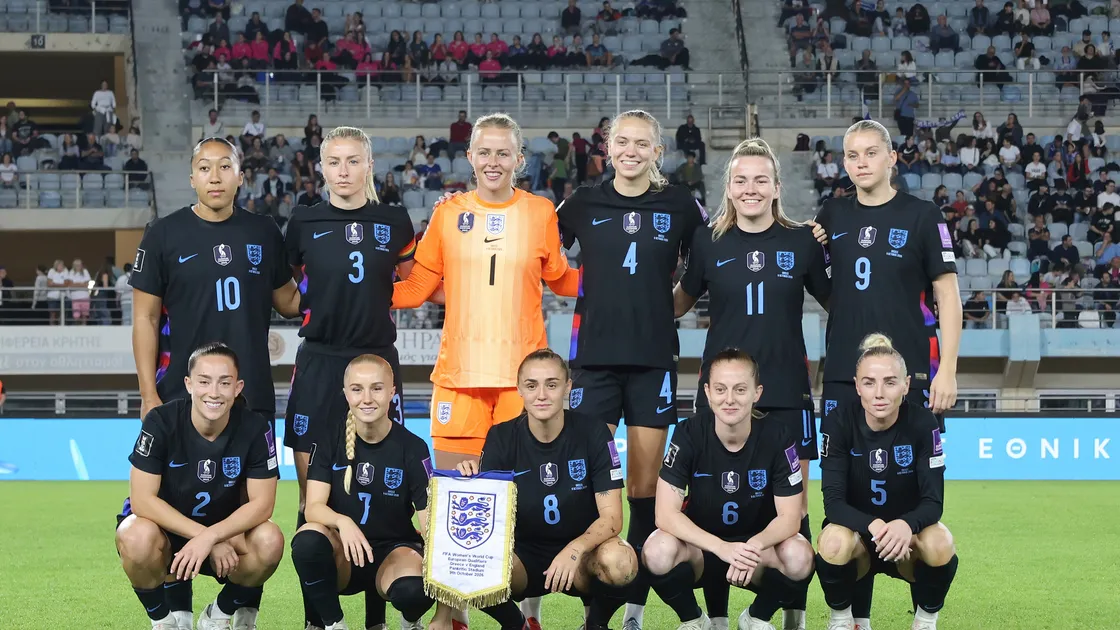 Maya Le Tissier, far left of front row, with her England teammates ahead of the match with Greece in which she scored her first senior international goal.