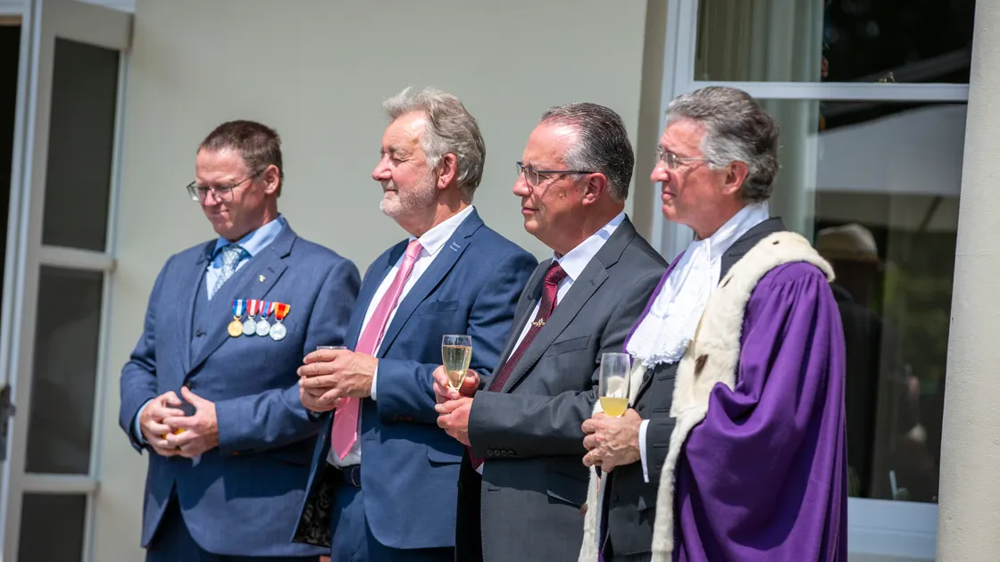 The four honours recipients at the King’s birthday reception at Government House. Left to right, Kevin Adams BEM, David Warr OBE, Alan Gough MBE and Bailiff Sir Richard McMahon. (Picture by Luke Le Prevost, 32220745)