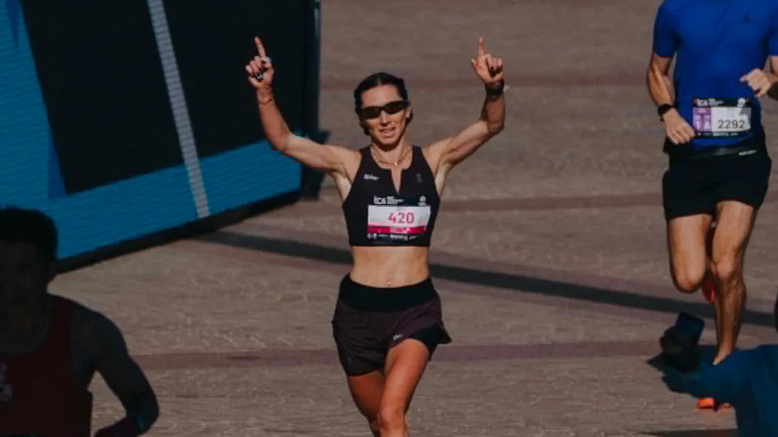 Megan Chapple reaches the Sydney Marathon finish line in a new Guernsey women’s record.