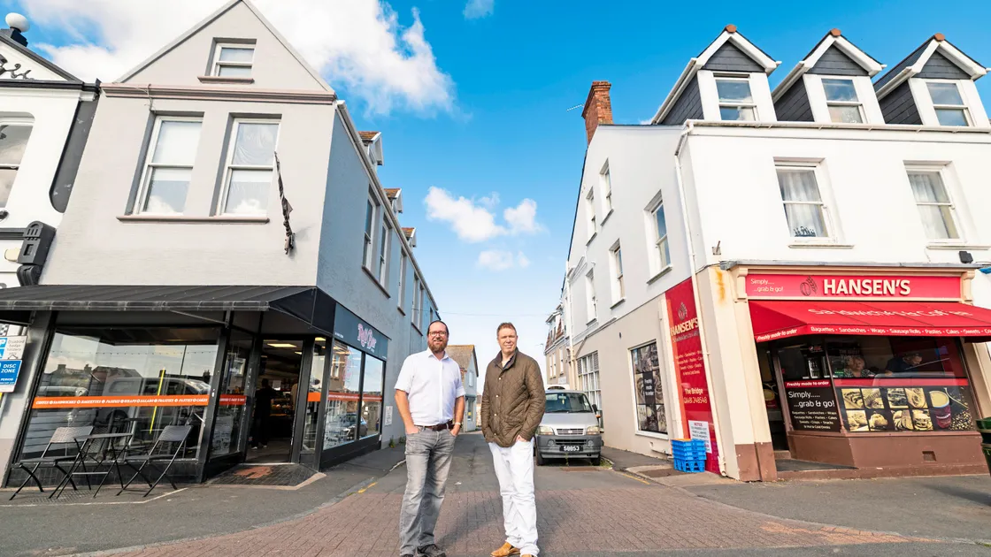 Olly Brock, left, and Simon Bone on the Bridge yesterday at the junction which could eventually lead to a block of flats, which they have put forward. 