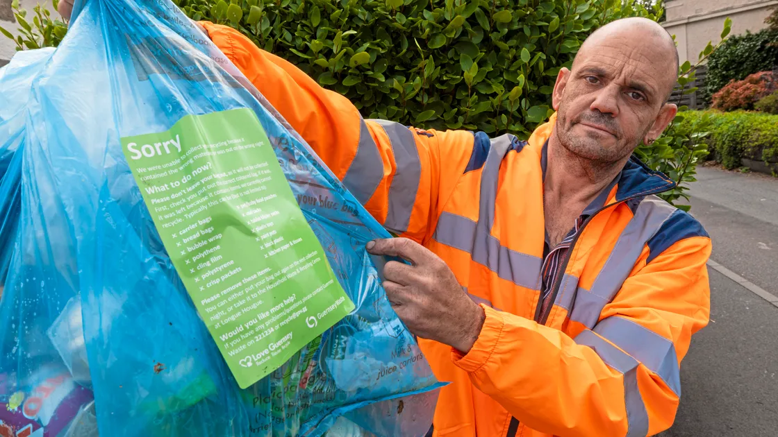 Clint Blondel, who runs waste collection rounds in Vale, St Martin’s and St Saviour’s, had been putting stickers on blue bags which are filled with non-recyclable products