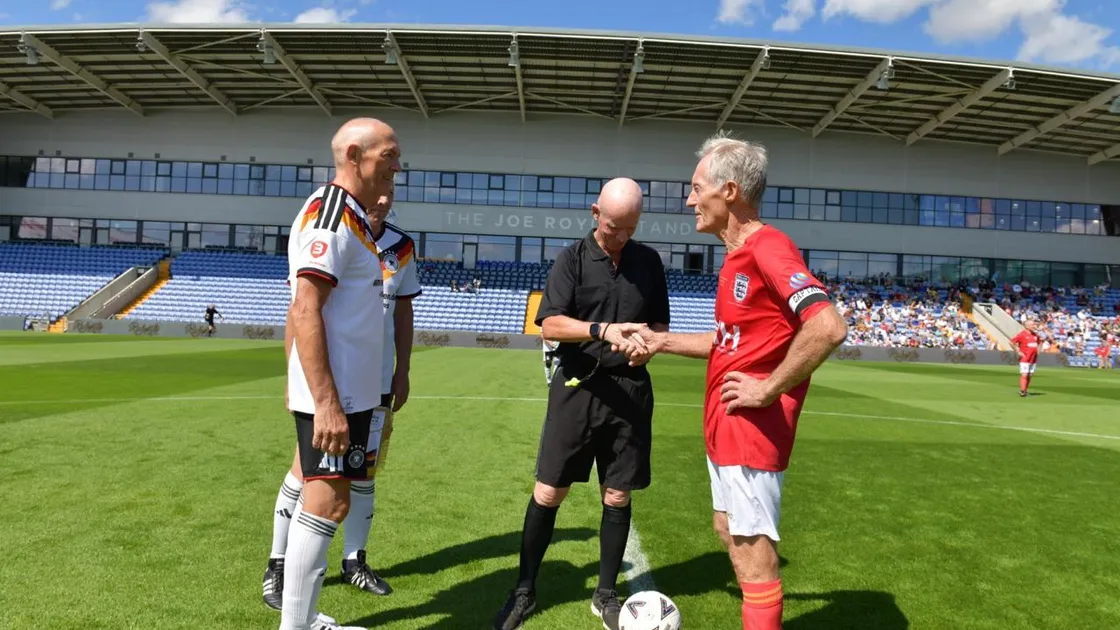 Mr Martel, 81, led out the England Over-75s – the ‘Silver Lions’ – at Oldham Athletic’s Boundary Park.