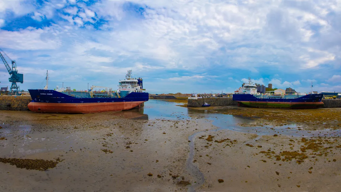 The Sarnia Cherie and Sarnia Liberty fuel tankers pictured aground in St Sampson’s Harbour in 2022. The vessels have been bought by tanker fleet operator James Fisher Everard.  (Picture by Peter Frankland, 34719983)