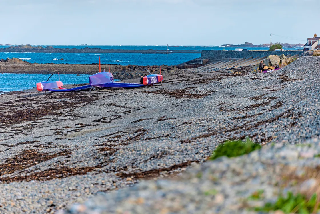 Yesterday the skippers returned to the beach to inspect the boat in the hope she could be refloated and towed, upside down, into St Peter Port
