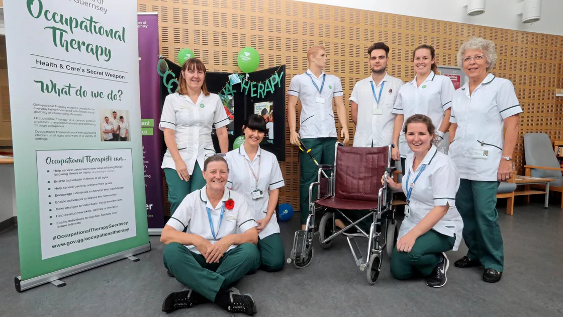 Occupational therapists, left to right, Paula O’Keefe, Lynne Wood, Sarah Rive, Peter Smart, Leigh Millward, Aoife Finn and Trish Pill are joined by Malcolm the mannequin to promote Occupational Therapy Week. (Picture by Steve Sarre, 23040621)