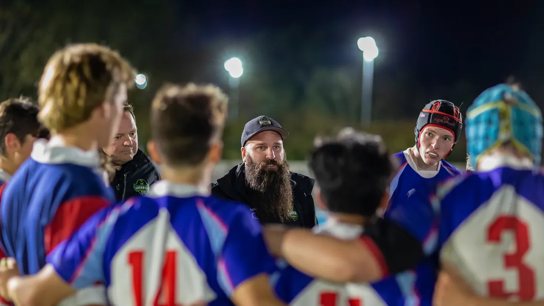 Younger audience: Jordan Reynolds addresses the Elizabeth College Rugby 1st XV at Footes Lane under the lights. (Picture by Martin Gray, 28811157)