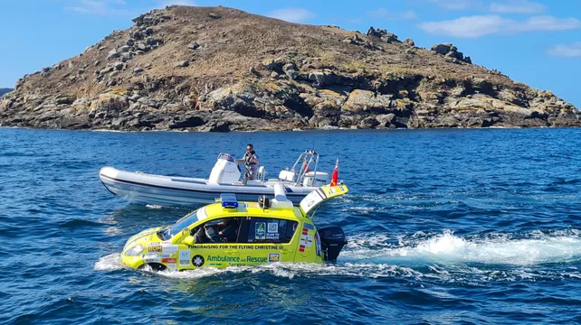 Amphibious car sails to Sark in Flying Christine fundraiser