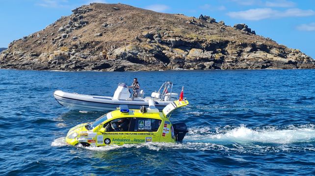 Amphibious car sails to Sark in Flying Christine fundraiser