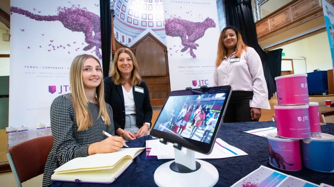 JTC was the only finance firm with a stand at yesterday’s job fair at St James. Media marketing manager Sarah Nicholls, centre, was taken aback by some of the people she met. Also pictured are Rachel Renouf, left, and Samantha Gramoney. (Pictures by Peter Frankland, 29744485)
