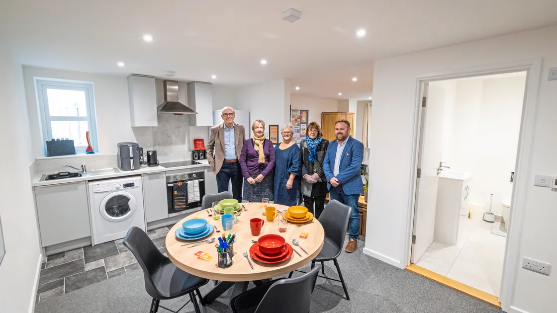 Left to right, James Ellis, Rachel Copeland, Karen Jagger and Cherry McMillen, all trustees of Maison St Pierre, with Aaron Davies, Action for Children service manager