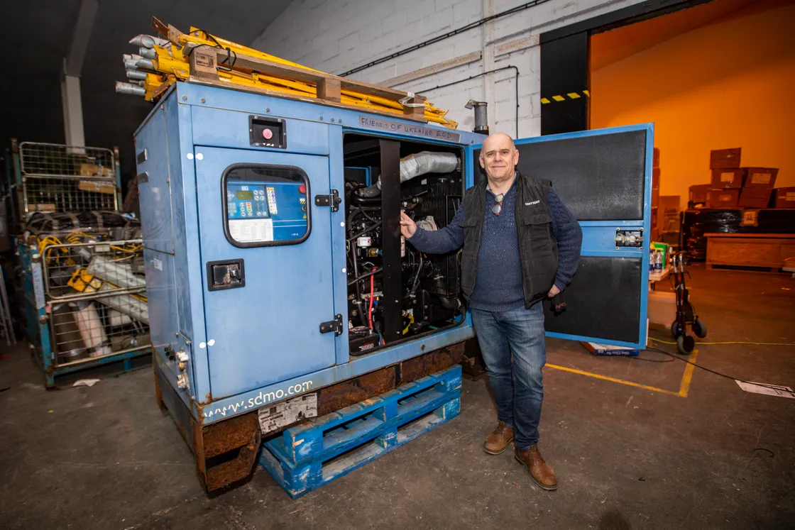 Marc with a generator delivered to Ukraine in 2023.