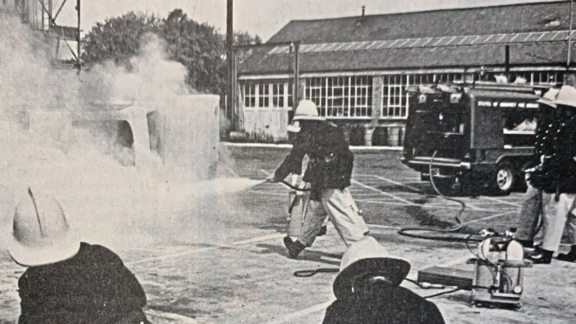 The Fire Brigade had to use dry powder during a demonstration of their skills to the Lt-Governor Vice Admiral Sir John Martin.