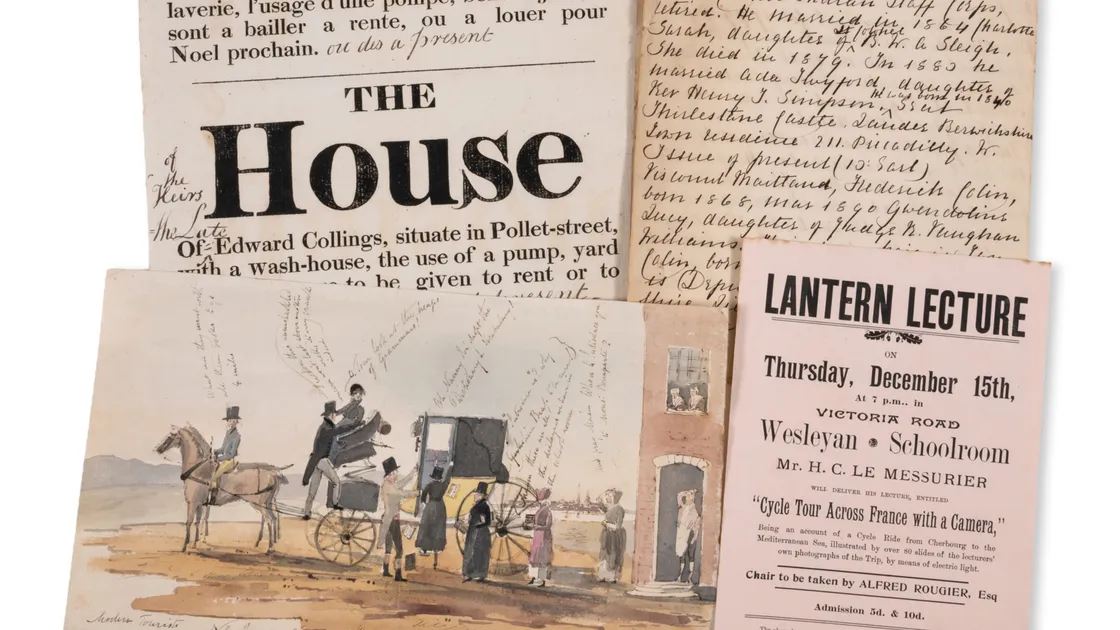 There are 35 items in the lot, including a satirical cartoon of tourists in Guernsey.