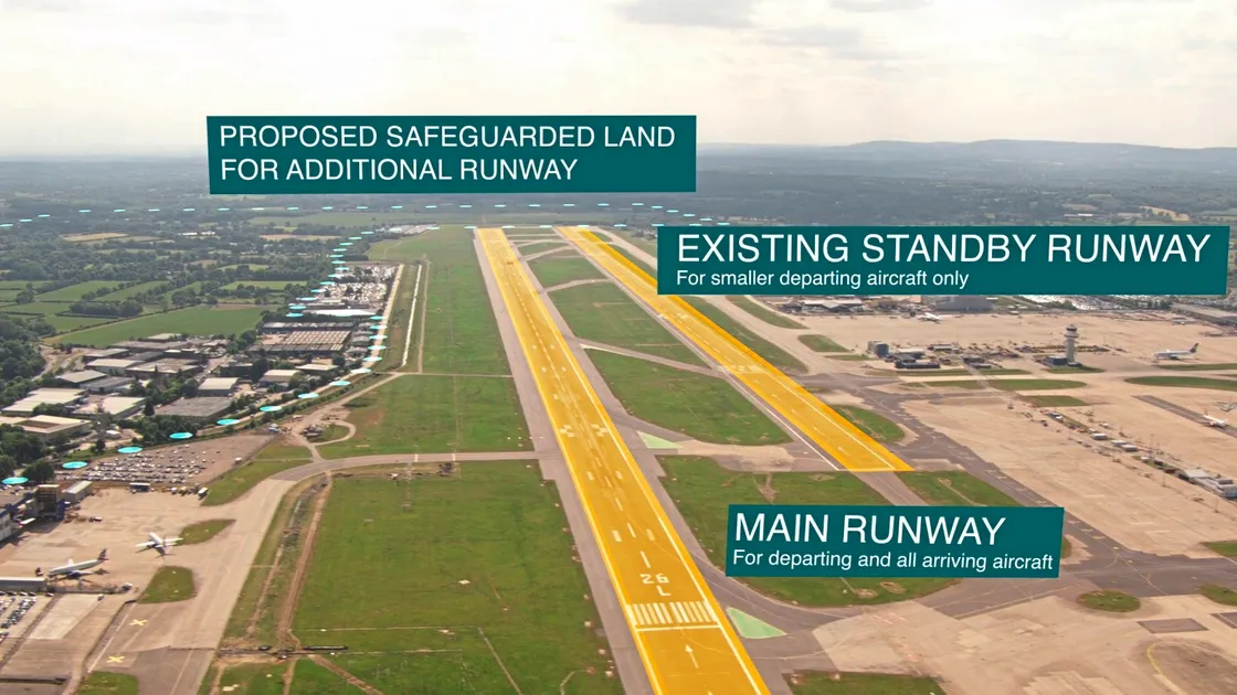 This graphic from the draft Gatwick Airport master plan shows the proximity of the standby runway, which it would like to use for smaller aircraft to take off from, to the main one.