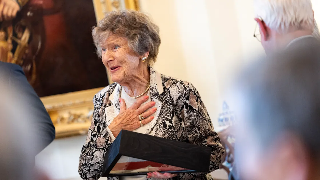 Janet Van Zanten was presented with a boxed flag from Masnieres in remembrance of her uncle, Charles Henry Machon, who served in the RGLI.  				 	 (Picture by Sophie Rabey, 34693821)