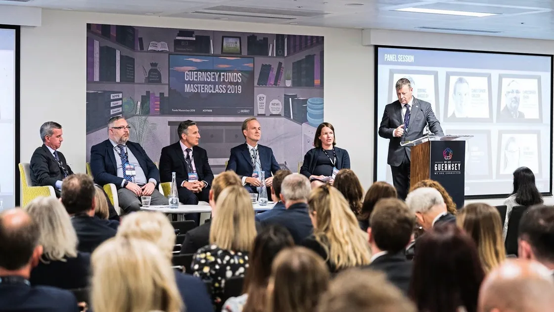 The Funds Masterclass panel, left to right, Permira chief risk officer and managing director Christopher Crozier, Guernsey Investment & Funds Association chairman Christopher Jehan, KPMG Channel Islands head of tax Tony Mancini, Coller Capital partner Frank Ochsenfeld, Travers Smith tax partner Elena Rowlands and Guernsey Finance chief executive and moderator Dominic Wheatley. (26002205)