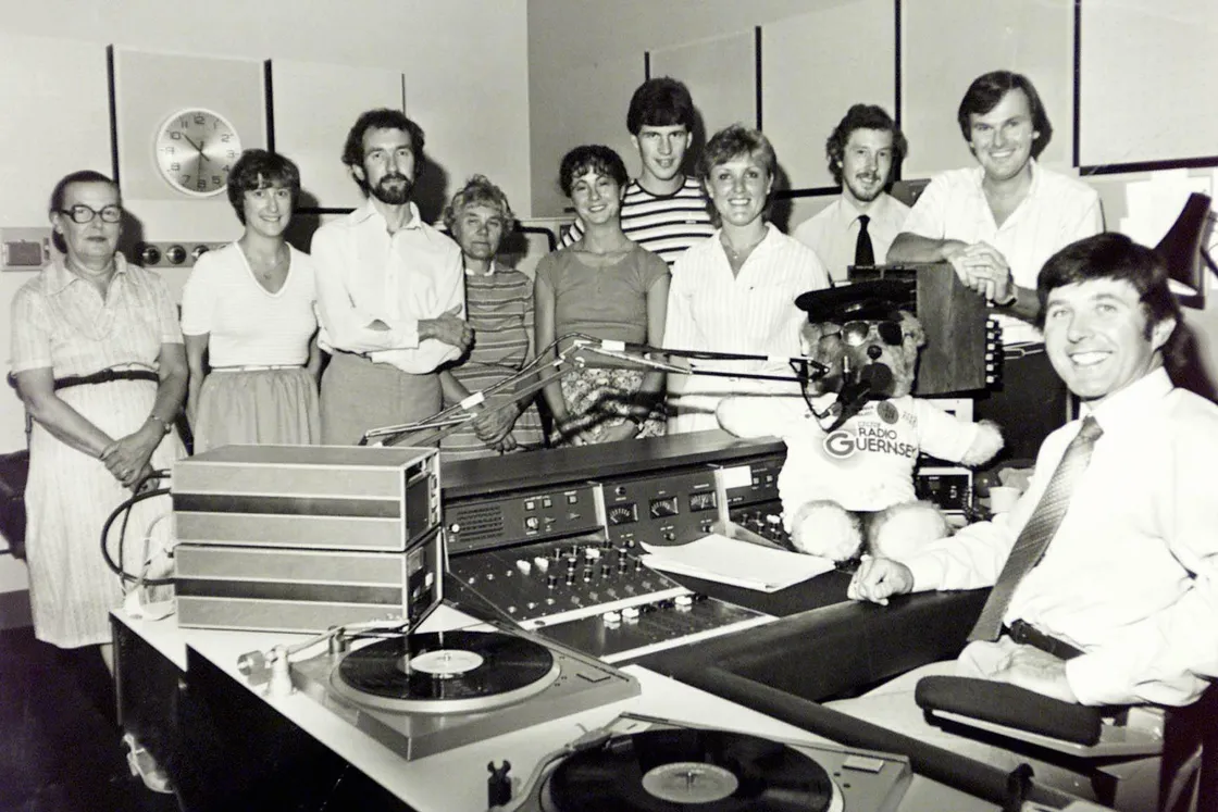 BBC Radio Guernsey in 1982. Left to right: Joan Ozanne, Ann Outram, John Higgs, Sheila Middleton, Felicity Quevatre, Ray Tostevin, Kay Langlois, Mal Phillips, Sam Spindlow and Tony Talmage. (30610964)