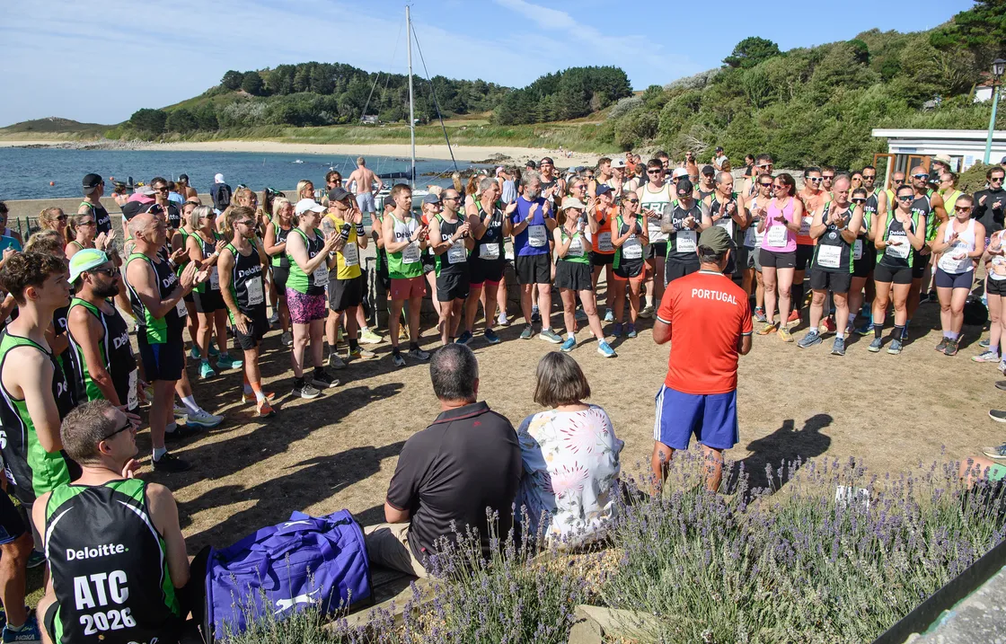 Organiser Geoff King briefs the runners before the last race of the 30th All Terrain Challenge, the Herm cross-country on Saturday evening.
