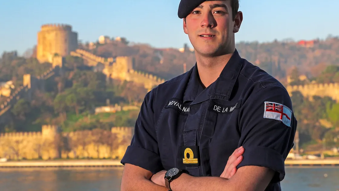 Sub-Lieutenant William De La Mare on the bridge wing of HMS Duncan as the ship transited through the Northern Turkish Straits.