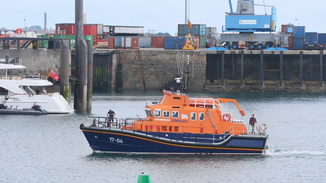 Pic by Adrian Miller 02-07-20 St Peter Port Harbour. Lifeboat RNLB Spirit of Guernsey returns from the Isle of White after being repaired.. (28426545)