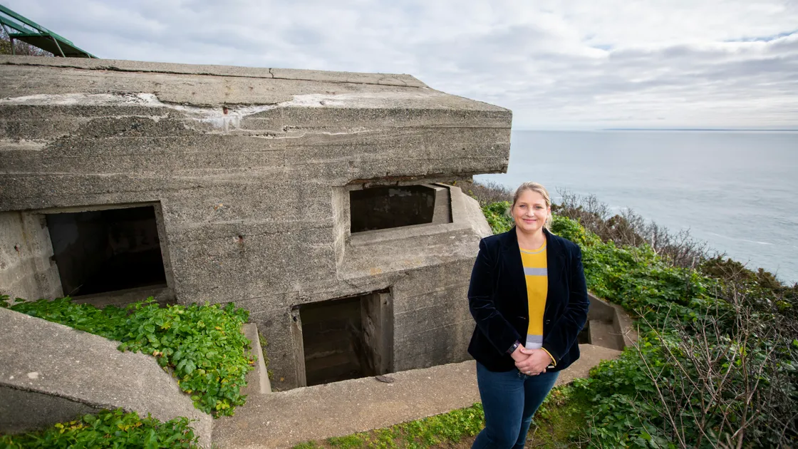 Development & Planning Authority president Deputy Victoria Oliver alongside part of Batterie Strassburg at Jerbourg which has been given protected building status. (Picture by Luke Le Prevost, 31792495)