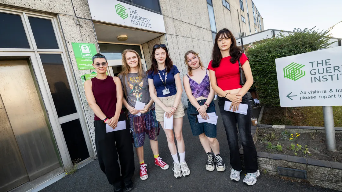 Students from The Guernsey Institute, left to right, Rowan Wright, 20, Mike Robert, 18, Aurora De La Mare, Lauren Jump and Lily Quintal, all 19.