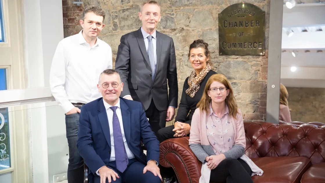 Exploring links with Rennes. Left to right: James Ede-Golightly, Institute of Directors Guernsey transport group; Bertrand Gervais, director of Ille-et-Vilaine Chamber of Commerce; Brian Murphy, Franco-British Chamber of Commerce co-ordinator; Kay Leslie, Guernsey Chamber director; and Elaine Loeillet of Ille-et-Vilaine chamber. (Picture by Adrian Miller, 26199339)