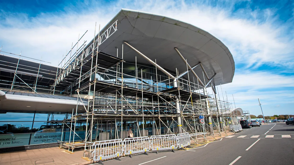 Scaffolding around the airport terminal building. (Picture by Peter Frankland, 33662961)