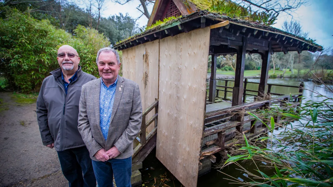 Rotary Club of Guernsey members Dave Parish, left, and Brian Acton. It is heading a project to restore the Japanese-style pavilion in Saumarez Park to help celebrate its centenary. (Picture by Sophie Rabey, 29376449)