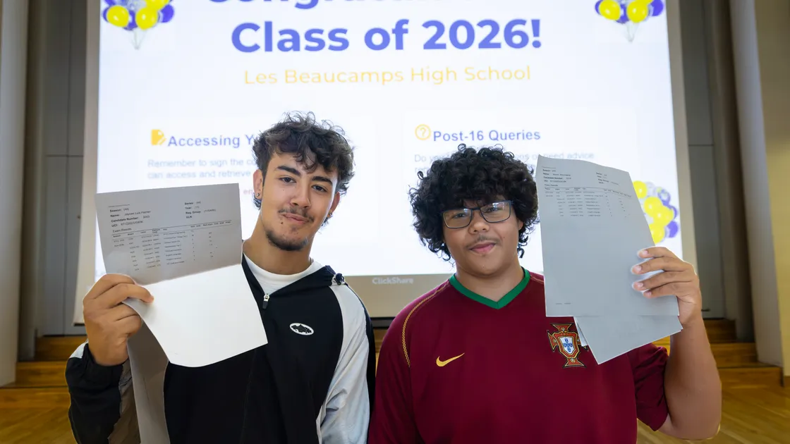 Les Beaucamp High students Jaycee Palmer, left, and Bachir Boumaaza were described as ‘models of determination’ by their head teacher and earned strong results yesterday.