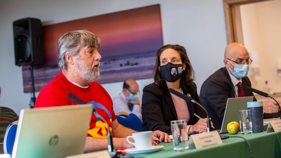 Employment & Social Security president Deputy Peter Roffey, left, the committee’s vice-president Deputy Lindsay de Sausmarez and director of operations Ed Ashton. (Picture by Sophie Rabey, 31351616)
