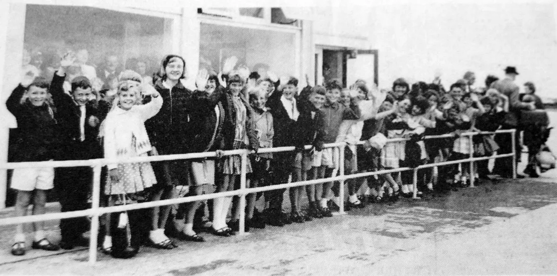 A Guernsey Press photograph of Amherst pupils waiting for the boat to head to Skerries in Ireland in July 1966. They brought back with them the game and a small trophy.
