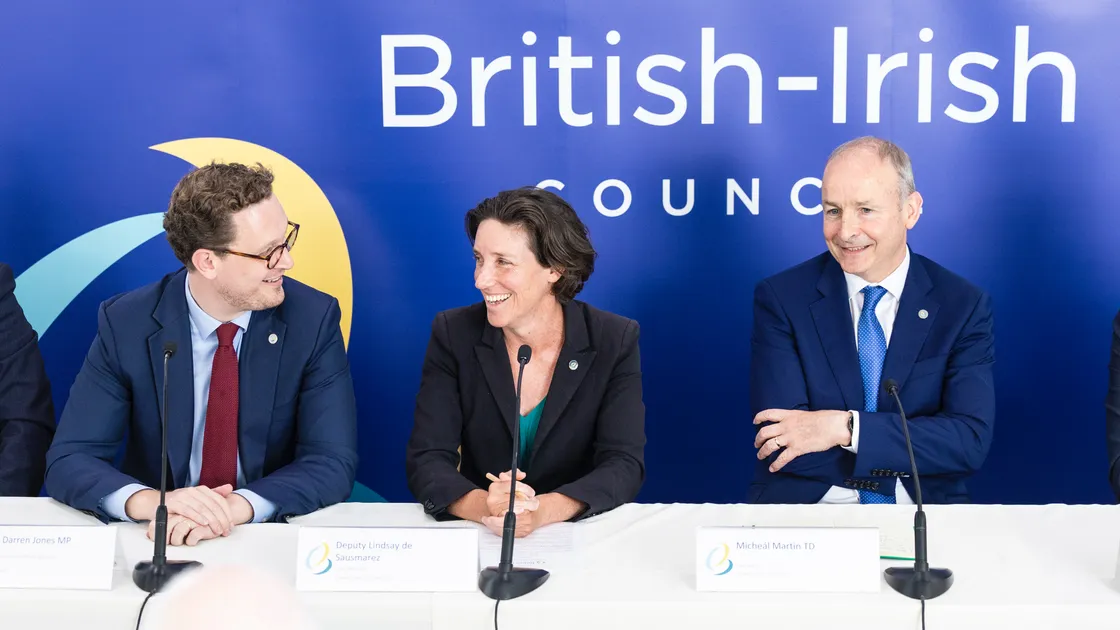 UK chief secretary to the Prime Minister Darren Jones, left, and Guernsey chief minister Lindsay de Sausmarez appeared like-minded over the often thorny issue of beneficial ownership yesterday at the British-Irish Council summit. They are pictured with Irish taoiseach Micheal Martin.