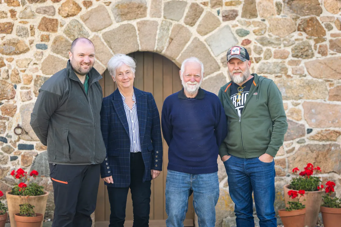 Left to right, La Societe’s Conservation herd manager Will Harford-Fox, La Societe president Felicity Quevatre-Malcic, Guernsey Goat Society president Peter Girard, and Jock Pettitt from The Soil Farm.