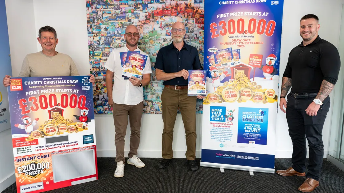 Left to right: Steve Sharman, chairman of the Social Investment Fund, Nic Legg from Stratagem, who designed this year’s ticket; and Stephen Baggot and Jack Hobbs representing the CI Lottery’s distribution partner, Guernsey Post.