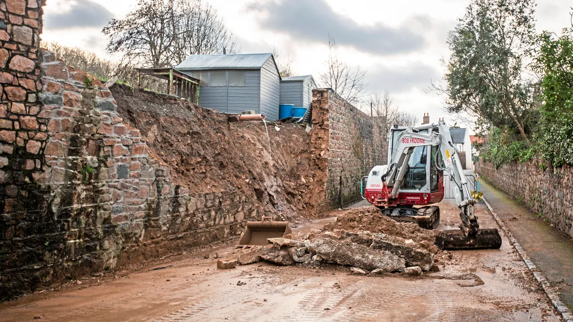 King’s Mills has been closed from the junction of Rue de la Hurette and Rue a L’Eau due to a collapsed wall. (Picture by Sophie Rabey, 33914601)
