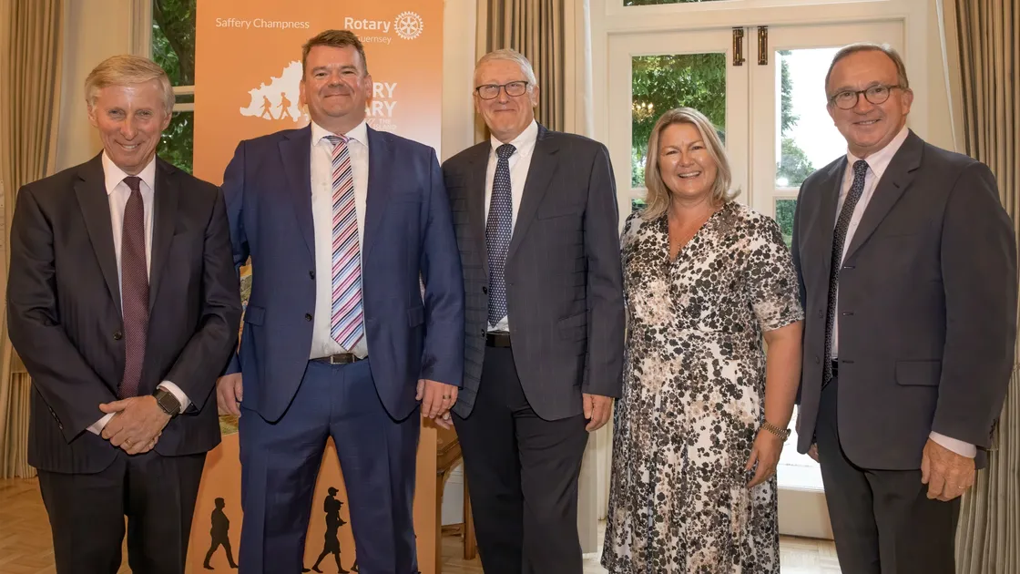 The Saffery Rotary Walk was cancelled due to Covid-19, but nearly half of the 22 charities which were due to benefit have received something. A presentation ceremony was held at Government House with, left to right, Lt-Governor Vice Admiral Sir Ian Corder, James Stewart, organising committee chairman Simon Milsted, Saffery Champness director Lisa Vizia and Peter Niven, representing Abta, which pledged £12,000.(Picture by Chris George Photography)