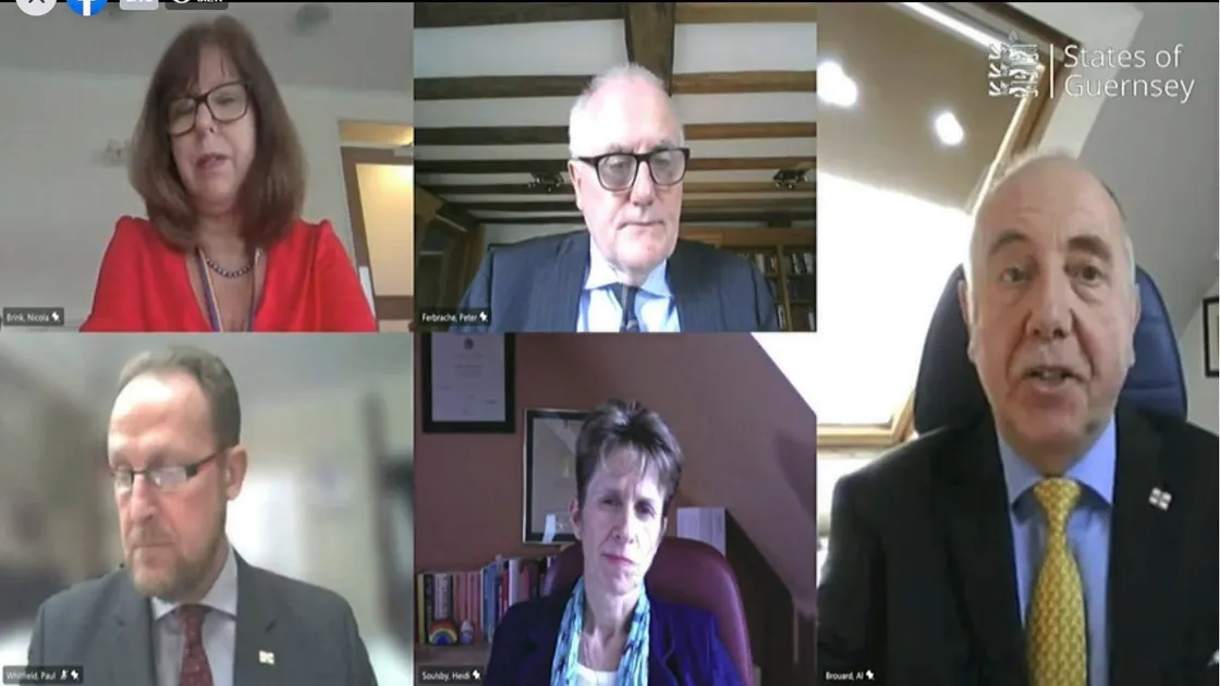 Wednesday's online press conference. Top left, going clockwise, Dr Nicola Brink, Deputy Peter Ferbrache, Deputy Al Brouard, Deputy Heidi Souslby, States chief executive Paul Whitfield. (29214449)