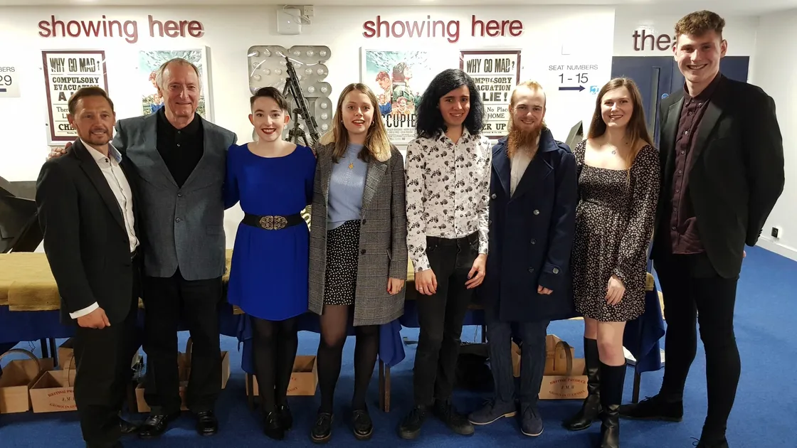 The cast and crew of the film Occupied. L-R Dave Hyett (actor), Steve Molnar (actor), Sapphire Brewer-Marchant (actor), Phoebe Hazzan (producer), Alex Bates (writer and director), Jamie Mills (gaffer), Dana Jungerius (Production designer), Dan Le Friec (actor) (29548015)