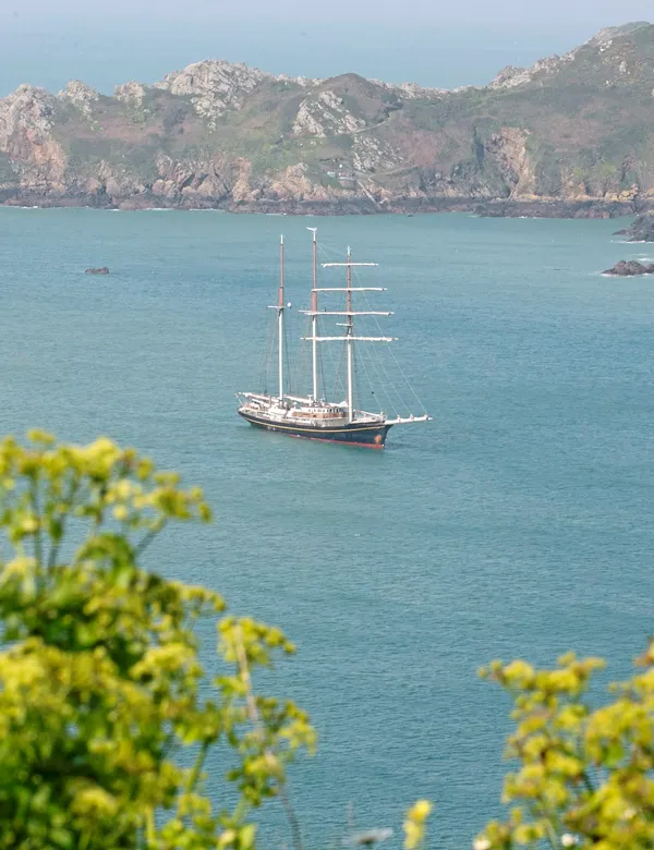 Pic by Adrian Miller 22-04-20 Gulden Leeuw Dutch schooner moored on the south coast picture taken at Icart St Martin's- sailing boat ship. (28102493)