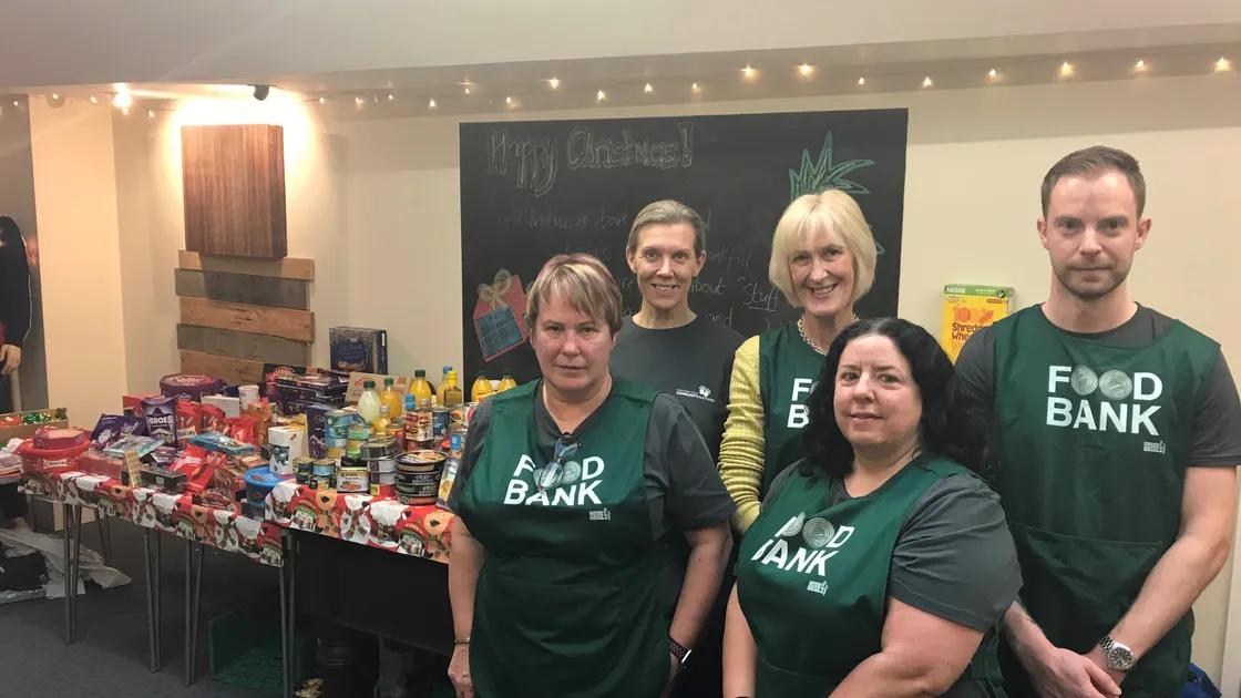 Northern Trust volunteers assisting the Guernsey Welfare Service food bank, left to right, Steph Vidamour, Charlotte Le Cras, Nicky Bishop, Marie-Claire Pommier and Laurence Abbott. (Picture by Emily Hubert, 26688271)